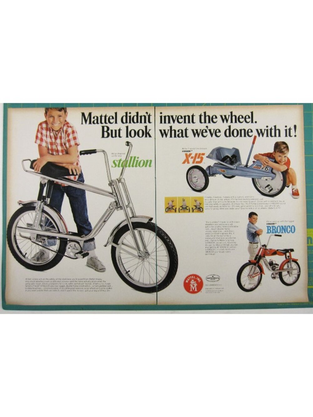 Print Ad Mattel Stallion X-15 Bronco Kids Bikes Pedal Cars 2 PG Vintage 1960s
